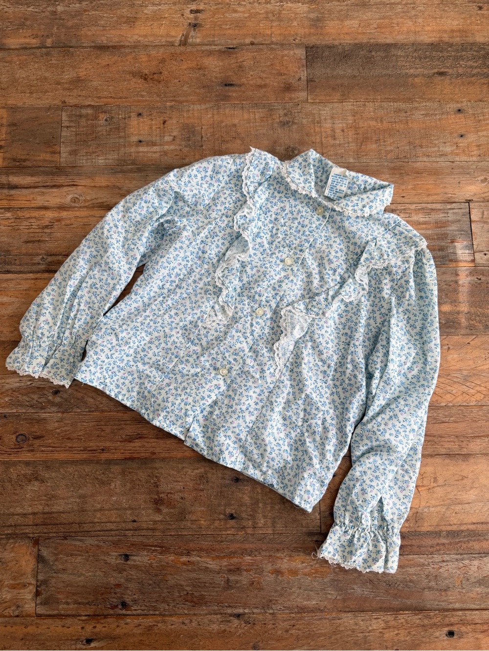 Vintage Light Blue Floral Ruffle Button-Up Blouse
